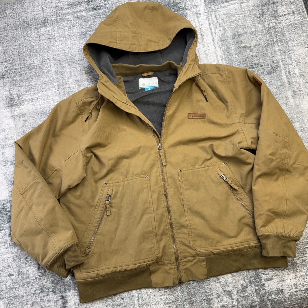 Columbia Jacket Mens 2XL Brown Canvas Fleece Lined Hood Workwear Chore Bomber